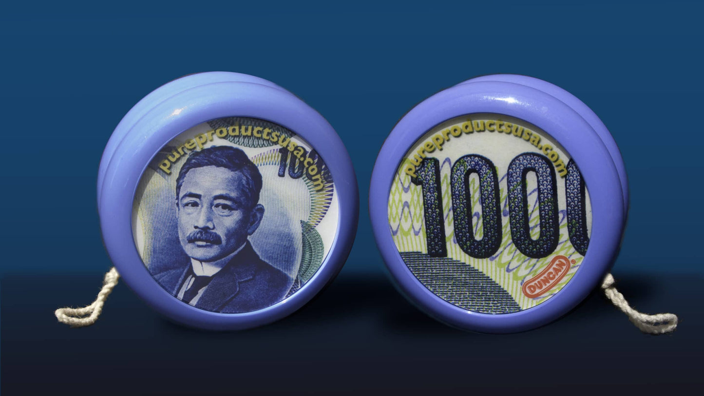 LigoranoReese's yen-yo yo-yo with Japanese Yen note on front and back. This custom Duncan yo-yo is the answer to economic insecurity. Created following the 2008 economic meltdown. From Pure Products USA.