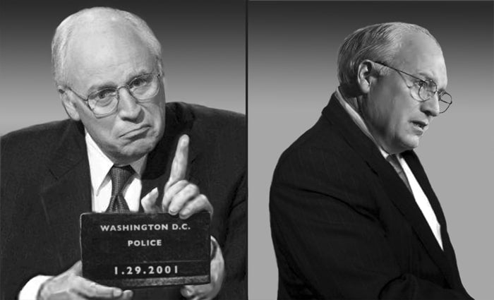 Ligorano Reese's mugshot of Vice President Dick Cheney holding the placard as he's arraigned, when he mislead the public about Iraq. From the Line Up postcard book from Pure Products USA.