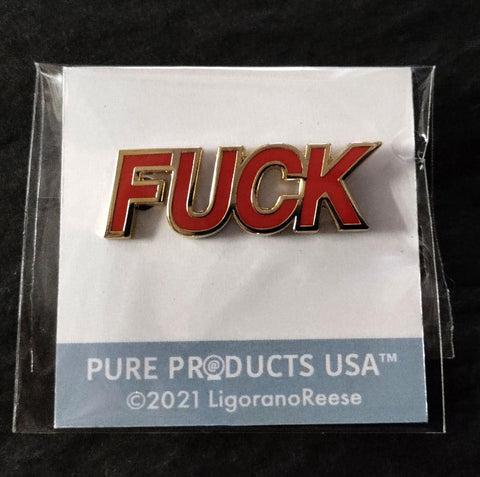 Package showing Ligorano Reese's Fuck pin on cardboard insert. From Pure Products USA.