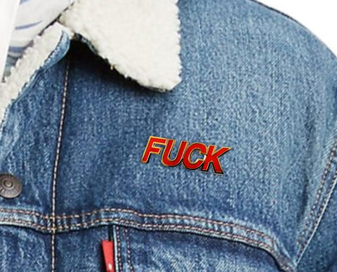 Ligorano Reese's Fuck pin on jean jacket. Gold Enamel. From Pure Products USA.