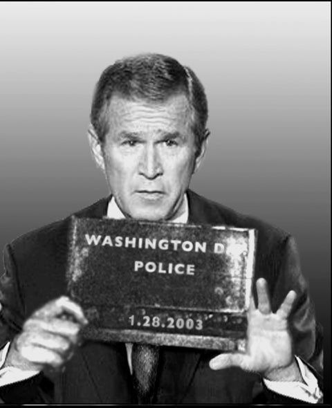 Ligorano Reese's mugshot of President George W. Bush as he's arraigned, holding the placard when he mislead the public about Iraq. From the Line Up postcard book from Pure Products USA.