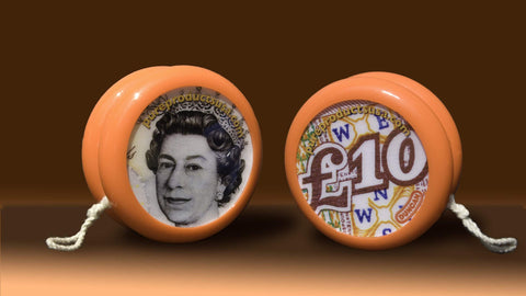 Ligorano Reese's custom Duncan Yo-Yo with British sterling 10 pound note on front and back. Queen Elizabeth II on front. From Pure Products USA.